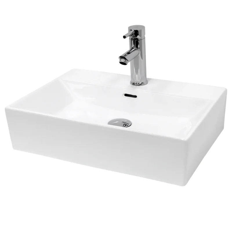 Rechteckiges, weißes Waschbecken mit Wasserhahn.