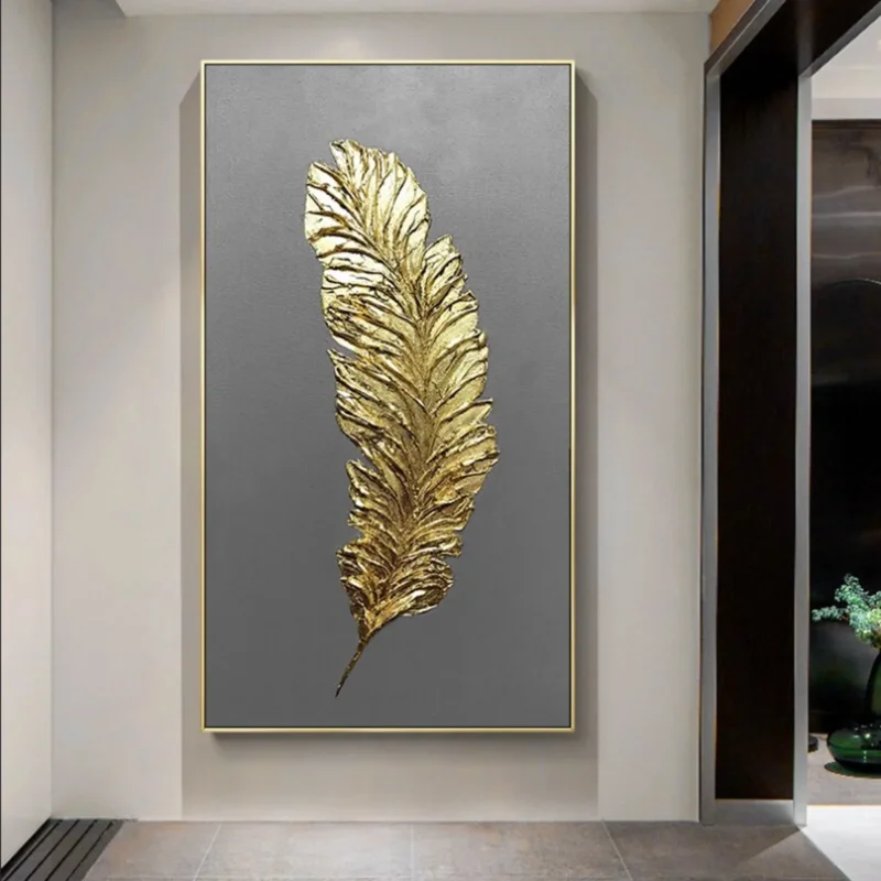 TPFLiving Leinwandbild Kunstdruck - Nordic Art Goldene Feder auf blauem oder grauem Hintergrund - OHNE Rahmen - Bilder Wohnzimmer - Modell TPFL-LW-68-MB