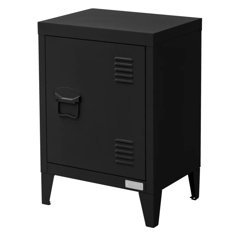 Ein schwarzer Nachttisch mit einer geschlossenen Tür und einem Griff.