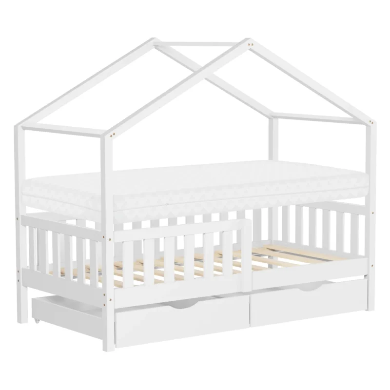 Ein Kinderbett mit Matratze und Schubladen in einem modernen Design.