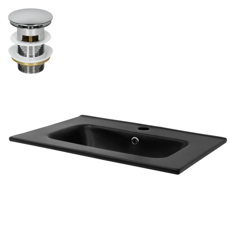 Schwarzes Waschbecken mit Ablaufgarnitur und Wasserhahn.