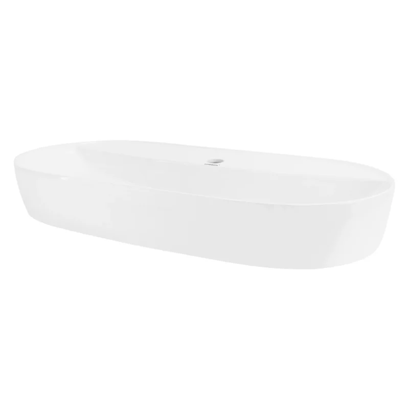 Freistehende, ovale Badewanne in Weiß auf einem weißen Hintergrund.