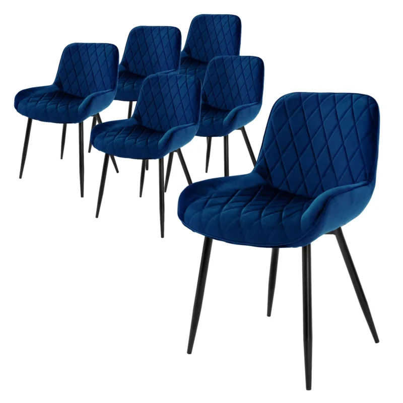 Sechs blaue Stühle mit diamantförmiger Polsterung und schwarzen Beinen.