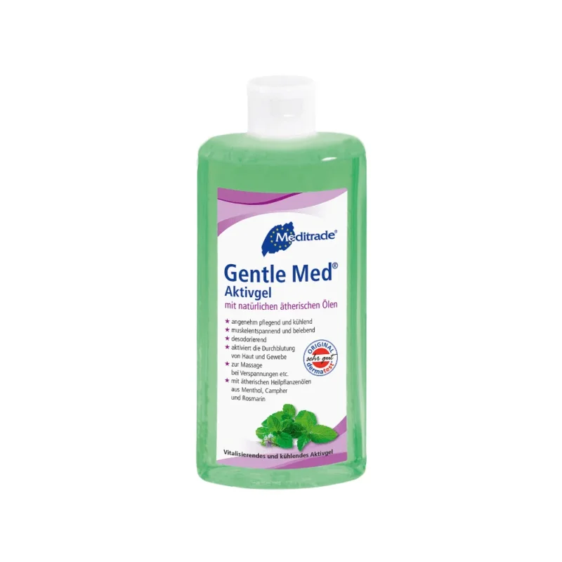 Eine 500 ml Flasche Meditrade Gentle Med® Aktivgel der Meditrade GmbH, die ein kühlendes grünes Gel enthält, das mit natürlichen ätherischen Ölen wie Menthol und Rosmarin angereichert ist. Das deutsche Etikett wird durch einen weißen Klappverschluss ergänzt.