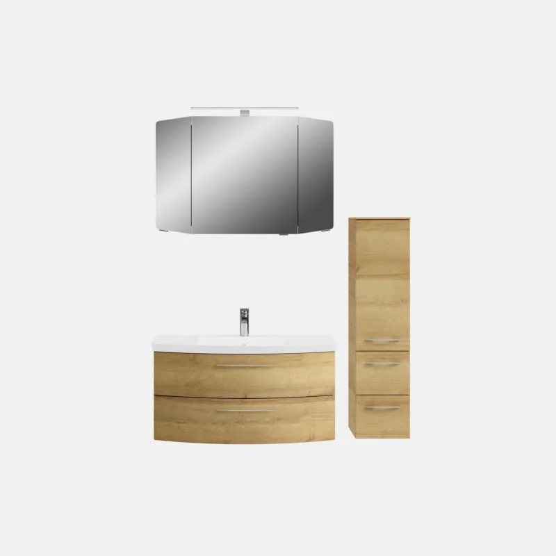 Pelipal Cassca Sprint 101 cm + 30 cm Badmöbel Set - Waschtisch mit Unterschrank, Spiegelschrank, Hochschrank - Riviera Eiche