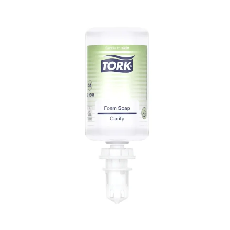Eine Flasche Tork 520201 Reine Hand Schaumseife Premium S4 (1000 ml) von TORK – Essity ist verkehrt herum abgebildet, mit einem grün-weißen Etikett mit den Produktinformationen „Sanft zur Haut“, „Händehygiene“ und „biologisch abbaubar“.