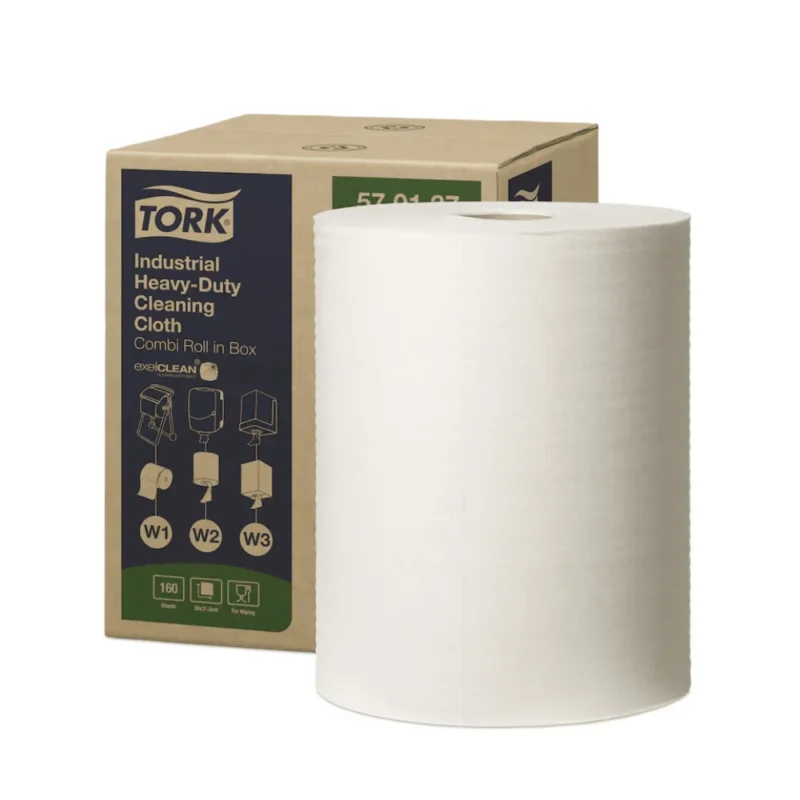 Eine große Rolle Tork 570137 Extra Starke Industrie Reinigungstücher W1 W2 W3 1-lagig, ideal für Entfettungsarbeiten, steht vor ihrer Kartonverpackung. Die Schachtel von TORK – Essity Professional Hygiene Germany GmbH zeigt Abbildungen und Etiketten, die die vielseitige Verwendung dieser wiederverwendbaren Reinigungstücher hervorheben.