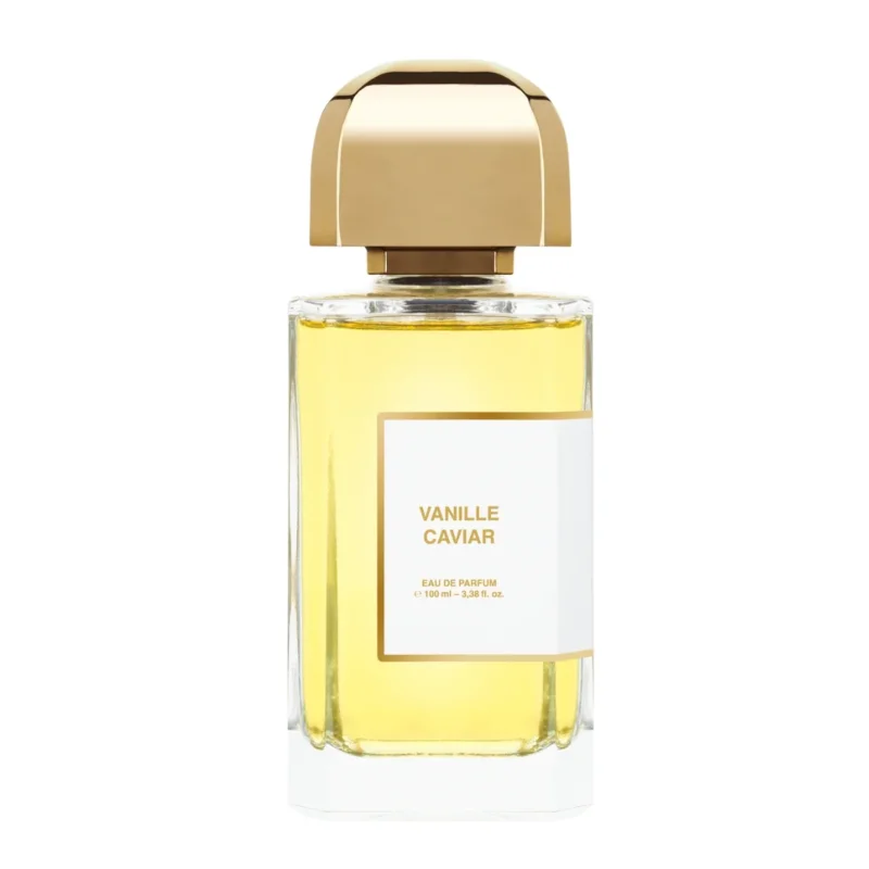 bdk Parfums - Collection Matières - Vanille Caviar Parfumflakon mit goldenem Verschluss und hellem Duft vor weißem Hintergrund