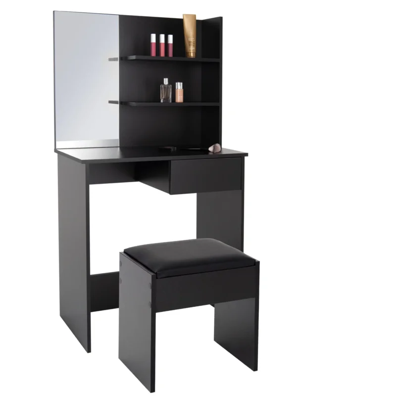 Schminktisch in Schwarz mit Spiegel und Regalen, dazu ein Hocker.