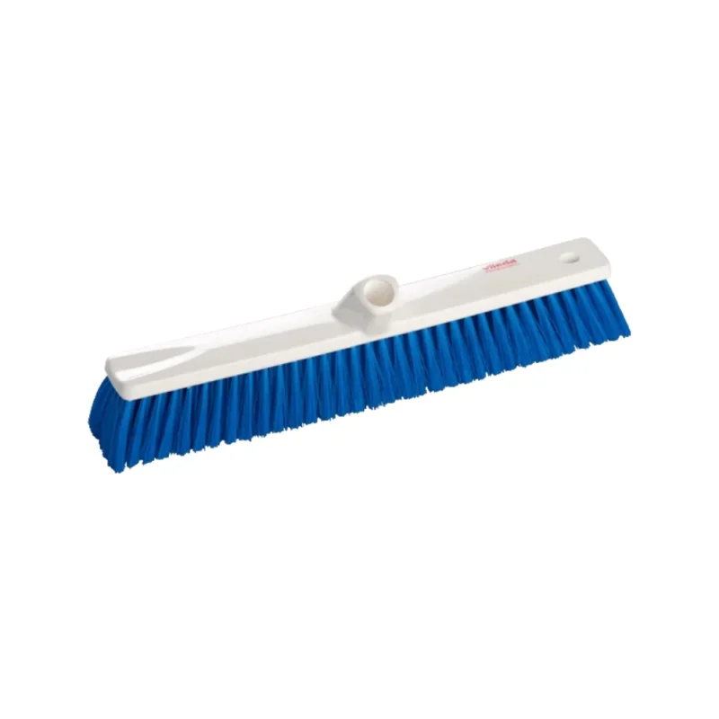 Ein Vileda Professional Besen von Vileda GmbH mit einem 30 cm breiten Besenkopf mit hellblauen Borsten aus Polyester-PBT-Fasern und einer weißen Kunststoffrückseite. Er verfügt über eine zentrale Öffnung zur einfachen Befestigung des Griffs, was Effizienz und Sauberkeit gewährleistet. Dieses Einzelpackungsprodukt ist für effektives Kehren konzipiert.