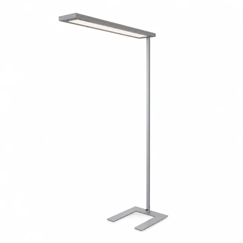 Silberne Waldmann Lavigo LED-Stehleuchte mit flachem Standfuß und modernem, minimalistischem Design.