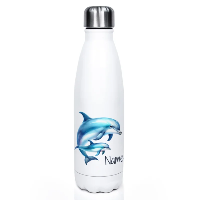 Weiße Edelstahl-Trinkflasche mit Delfin-Motiv und personalisierbarem Namen.