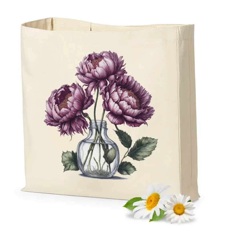 Beige Tasche mit lila Pfingstrosen und Glasvase.