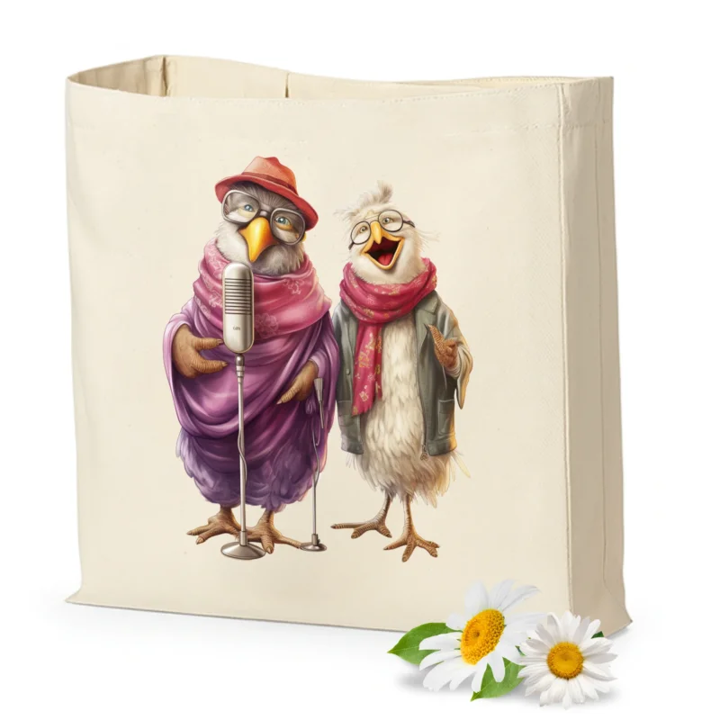 Beige Tasche mit singenden Vögeln in bunten Outfits.