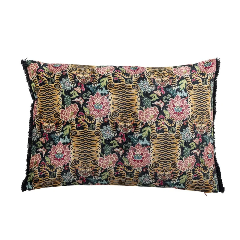Bloomingville Lester Kissen 50x35 cm bunt - Baumwollkissen mit Tiger Motiv & Fransen für Sofa Deko