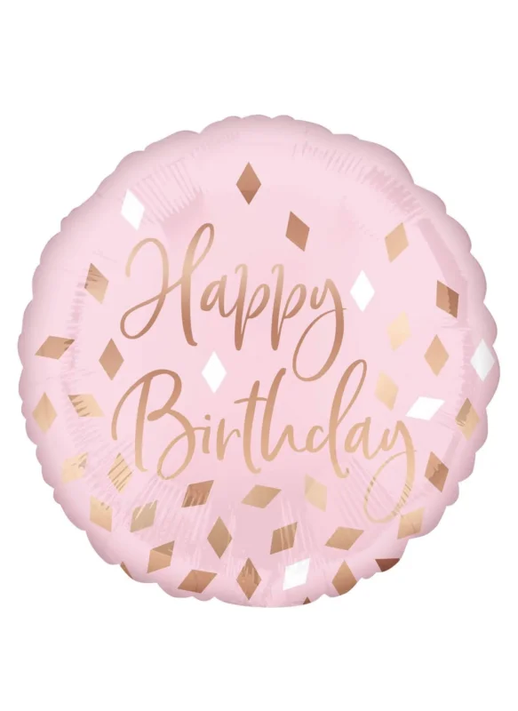 Ballon en aluminium Happy Birthday pour fête rose avec confettis rose gold