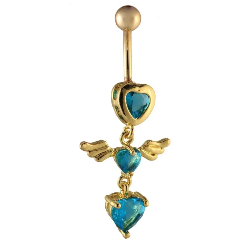 Bauchnabelpiercing goldfarben 3 Herzen blau mit Flügel Edelstahl - chic - net.de