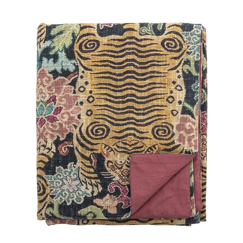 Bloomingville Lester Decke 152x127 cm bunt - Baumwolldecke mit Tigermotiv für Sofa & Wohnbereich