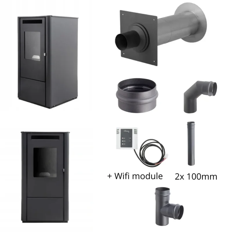 Ferretti Milano 9 kW Schwarz + Duepi Wi-Fi – Wanddurchführung Holetherm (schwarz) EWG-80 & Darco SPKP Ø80 (2×1 m, 90° Bogen, T-Stück, Kondensat)