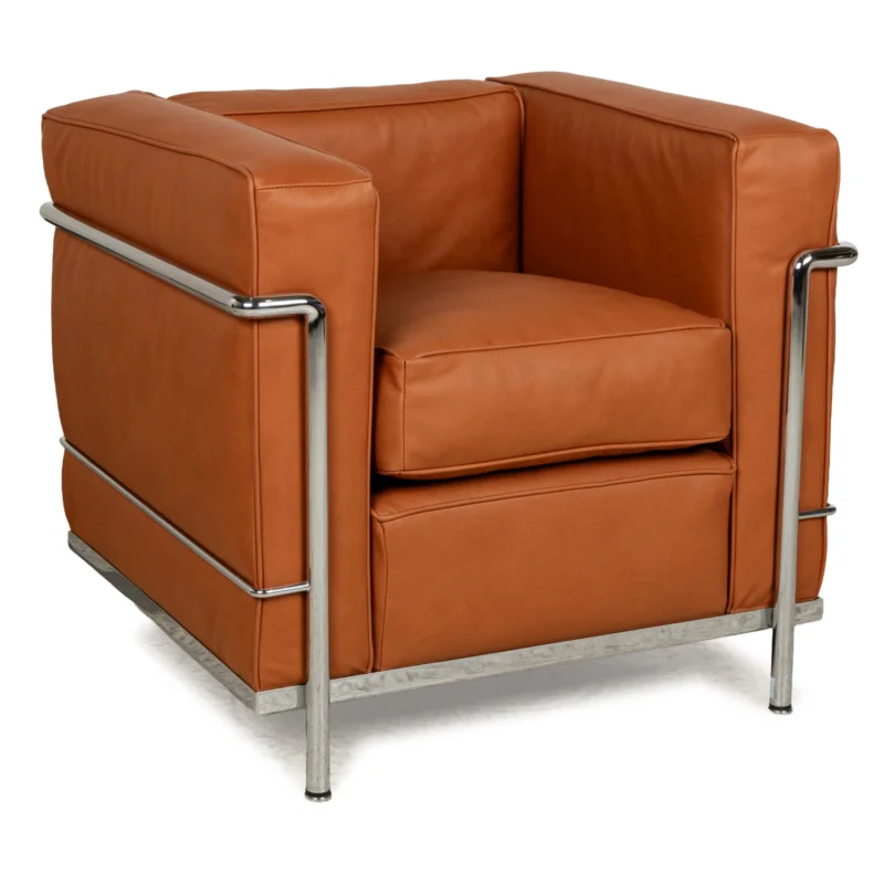 Cassina Le Corbusier LC 2 veganes Leder Sessel Braun Cognac Neubezug Chrom Bauhaus