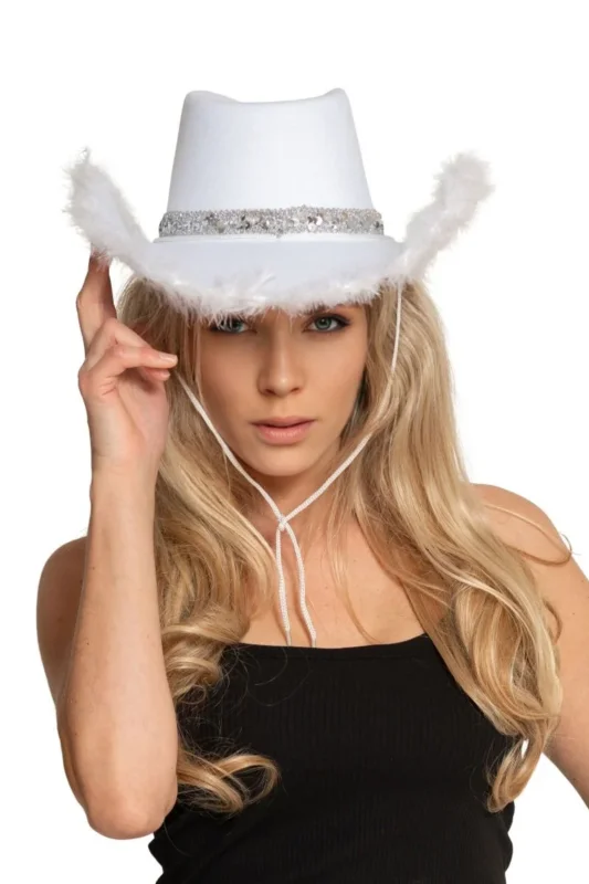 Cowboy Hoed Glitter met Bont Wit van Partychimp koop je bij Partywinkel