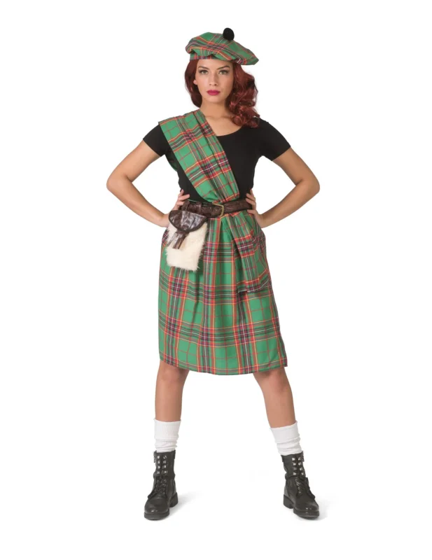 Déguisement d'écossaise pour femme verte avec kilt et béret à carreaux