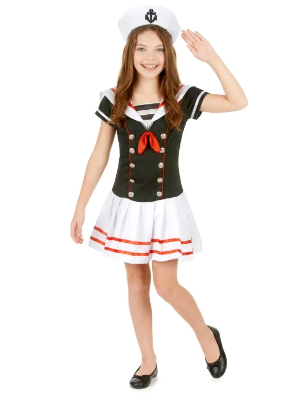 Déguisement marin pour fille noir et blanc avec chapeau et nœud rouge
