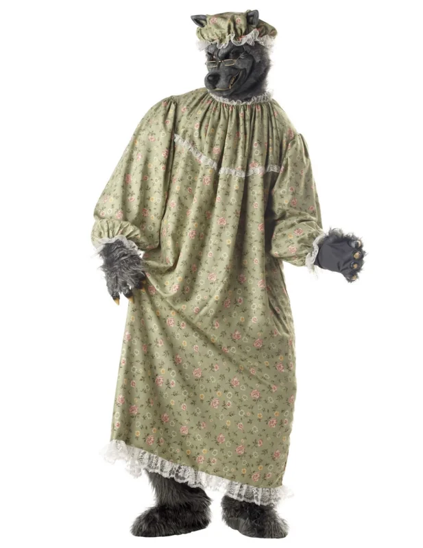 Déguisement mère-grand loup pour adulte avec robe de nuit fleurie verte et masque de loup