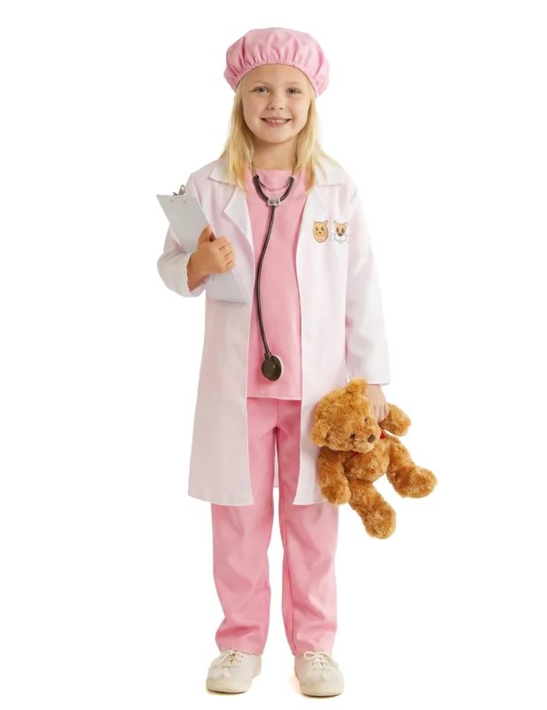 Déguisement de vétérinaire pour fille rose avec blouse blanche et accessoires