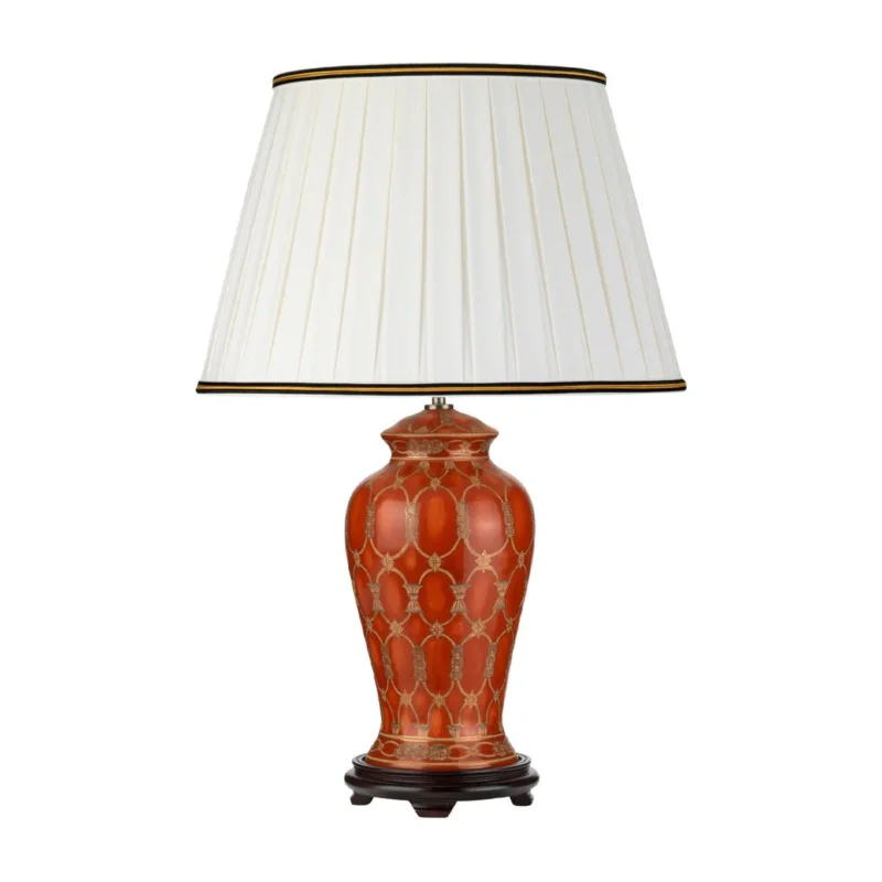 Datai 1-flammige Tischlampe - Terrakotta und Gold mit Elfenbein und schwarzem und goldenem Schirmrand - Elsteadlighting - leuchtengrosshandel24