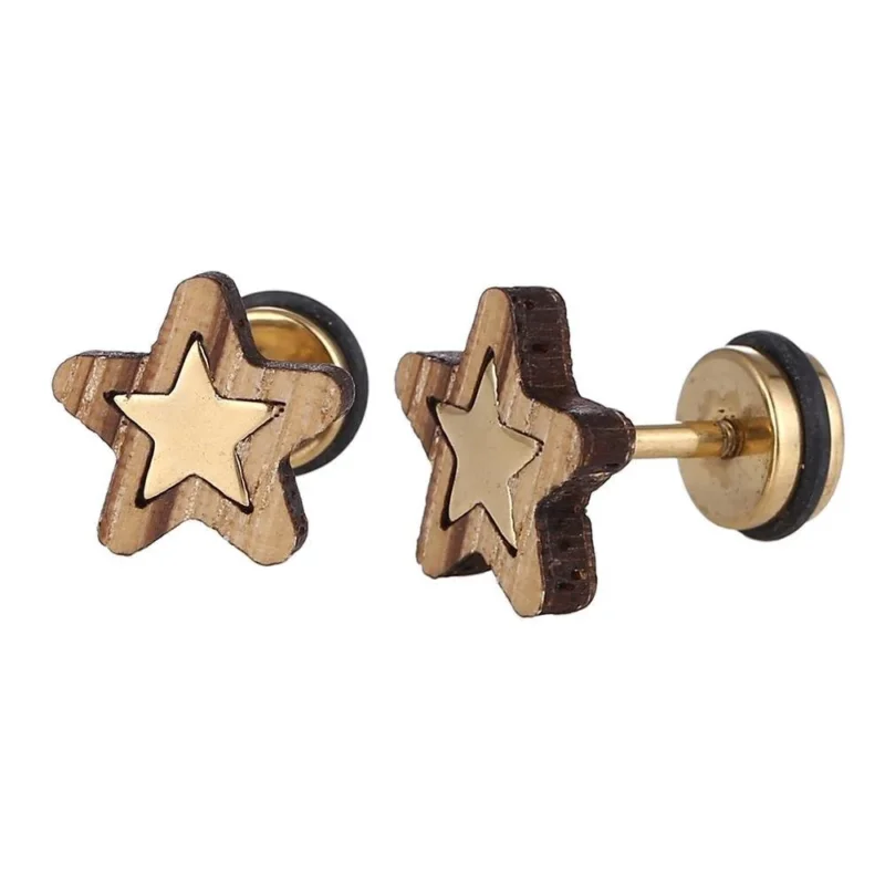 Fake Piercing Expander goldfarben Stern in hellem Holzrahmen Schaubverschluss Edelstahl - chic - net.de