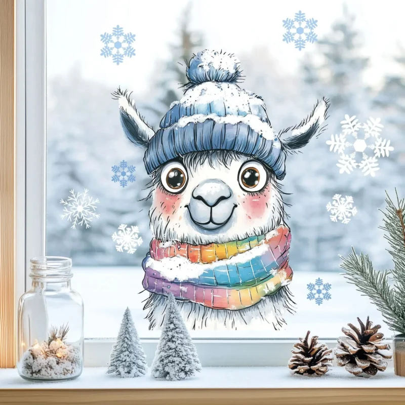 Fensterbild Alpaka Winter mit Mütze und Schal – beidseitig bedruckt, statisch haftend & wiederverwendbar - Sunnywall - Individualität trifft Design