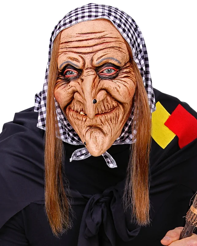 Hexenmaske mit Haaren & Kopftuch