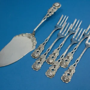 Versilbertes Tortenheber Set mit Kuchengabeln, Hildesheimer Rose