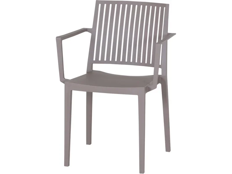 Der Siena Garden Stapelsessel Lane Taupe ist ein grauer Kunststoffstuhl mit Lattenrückenlehne und Armlehnen, hergestellt aus recycelbarem Polypropylen.