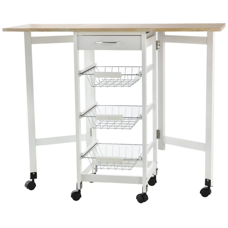 easycomfort easycomfort carrello portavivande pieghevole a 6 ruote con 3 cestini cassetto e 2 ribalte carrellino per cucina in mdf e metallo 37x37x77 5 cm bianco e legno