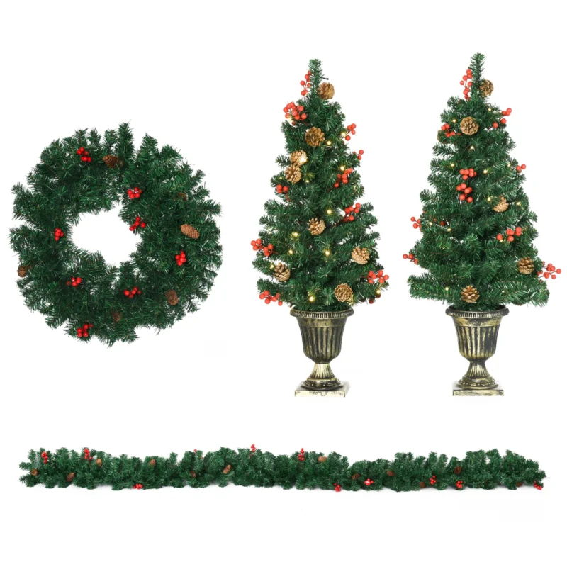 easycomfort easycomfort decorazioni natalizie set 4 pezzi con 2 alberelli di natale 40x90 cm ghirlanda natalizia e corona di natale
