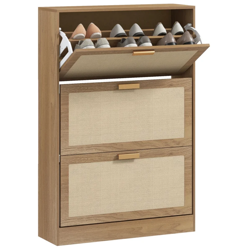 easycomfort easycomfort mobile scarpiera per 18 paia di scarpe con 3 cassetti ribaltabili in legno e rattan 80x25x120 cm marrone