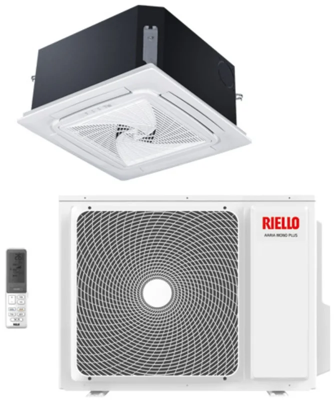 riello condizionatore a cassetta 4 vie 90x90 riello 42000 btu aaria pro p amk 125 p trifase r 32 con pannello e telecomando inclusi