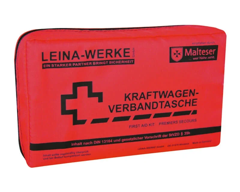 KFZ-Verbandkasten Compact DIN 13164 aus rotem Nylongewebe mit Reißverschluss.