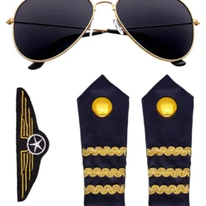 Kit accessoires pilote de ligne pour adulte avec lunettes aviateur et épaulettes bleu marine et or