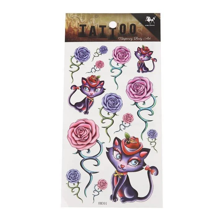 Klebetattoos Tattoo lila Katze Hut rosa Rosen 1 Bogen 14 Motive - chic - net.de