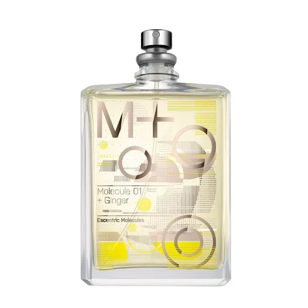 Escentric Molecules - Molecule 01+ Ginger Parfumflakon mit transparentem Glas und gelben grafischen Akzenten vor weißem Hintergrund