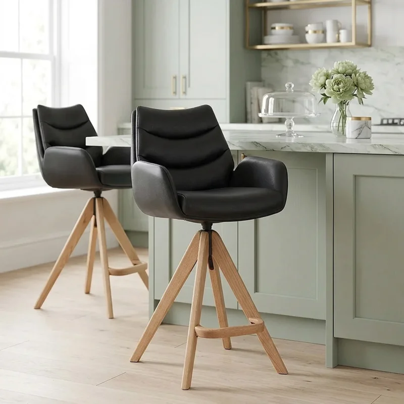 Echtleder Holz-Barhocker - Madrid Schwarz