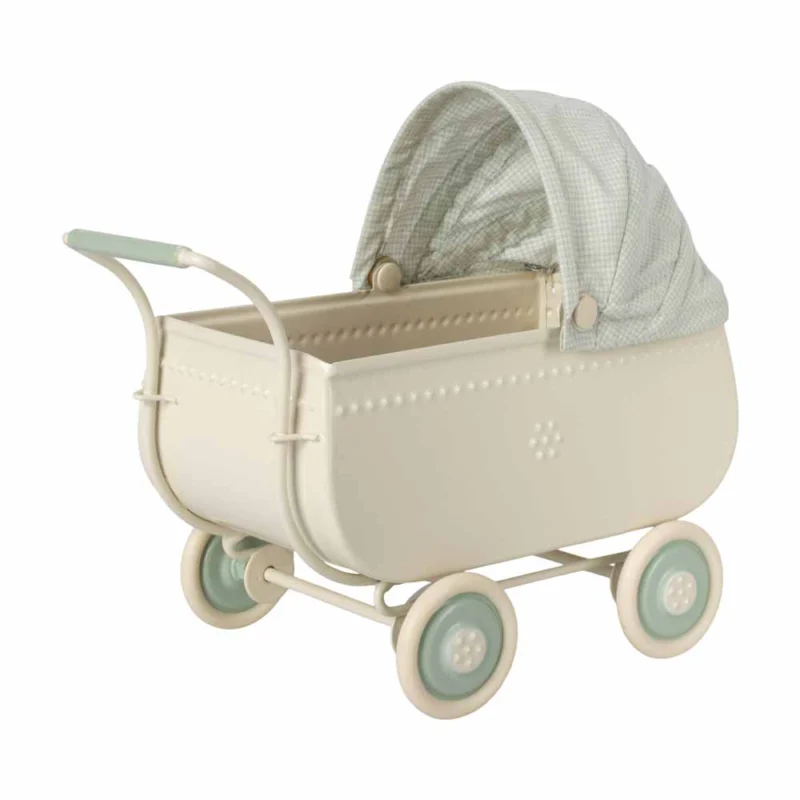 Maileg - Puppenhaus Kinderwagen aus Metall weiß-blau