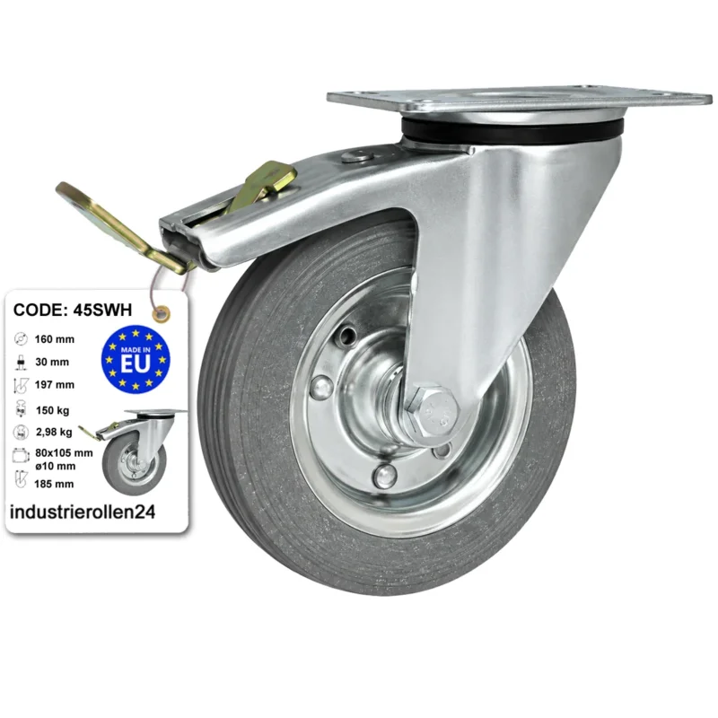 Metall-Gummiräder mit Befestigungsplatte und Bremse Lenkrolle Ø160 mm Code: 45SWH