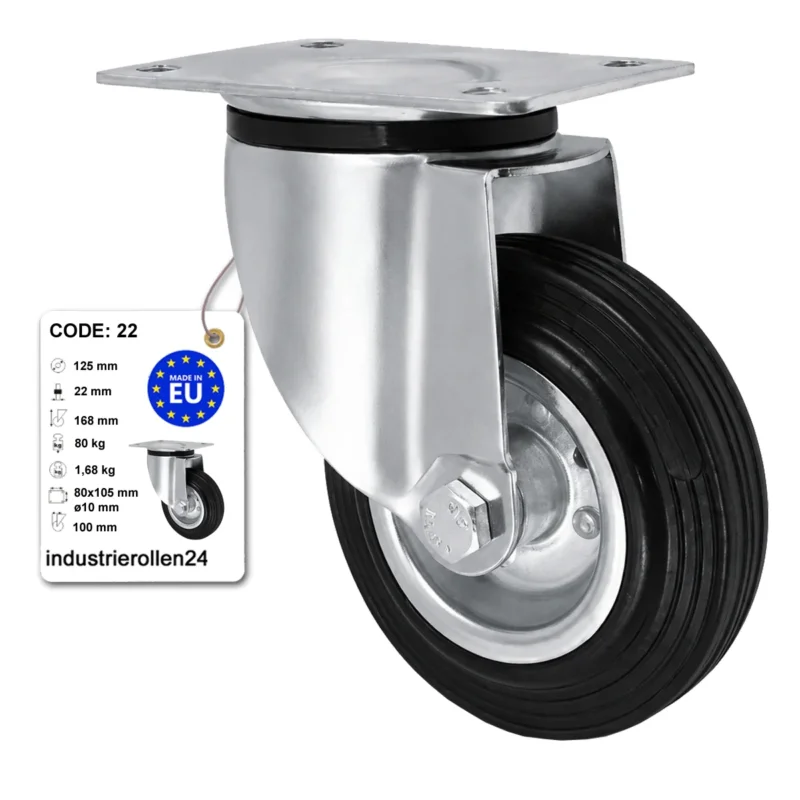 Metall-Gummiräder mit Befestigungsplatte Lenkrolle Ø125 mm mit Platte Code: 22