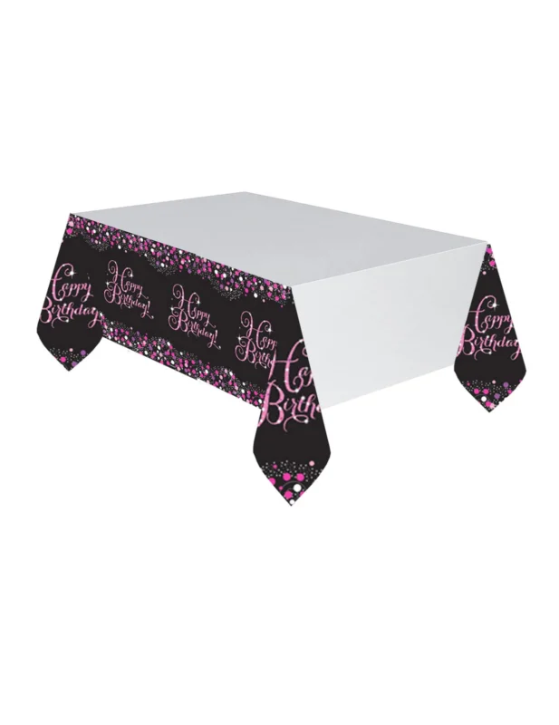 Nappe en plastique célébration pétillante Happy Birthday pour anniversaire rose et noir