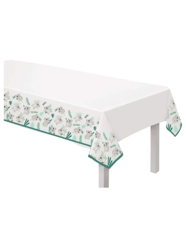 Nappe en plastique koala pour anniversaire blanche à motifs koalas et feuilles vertes