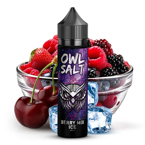 OWL SALT Berry Mix Ice Aroma 10ml bottle with fresh berries and ice cubes for a refreshing vape experience.